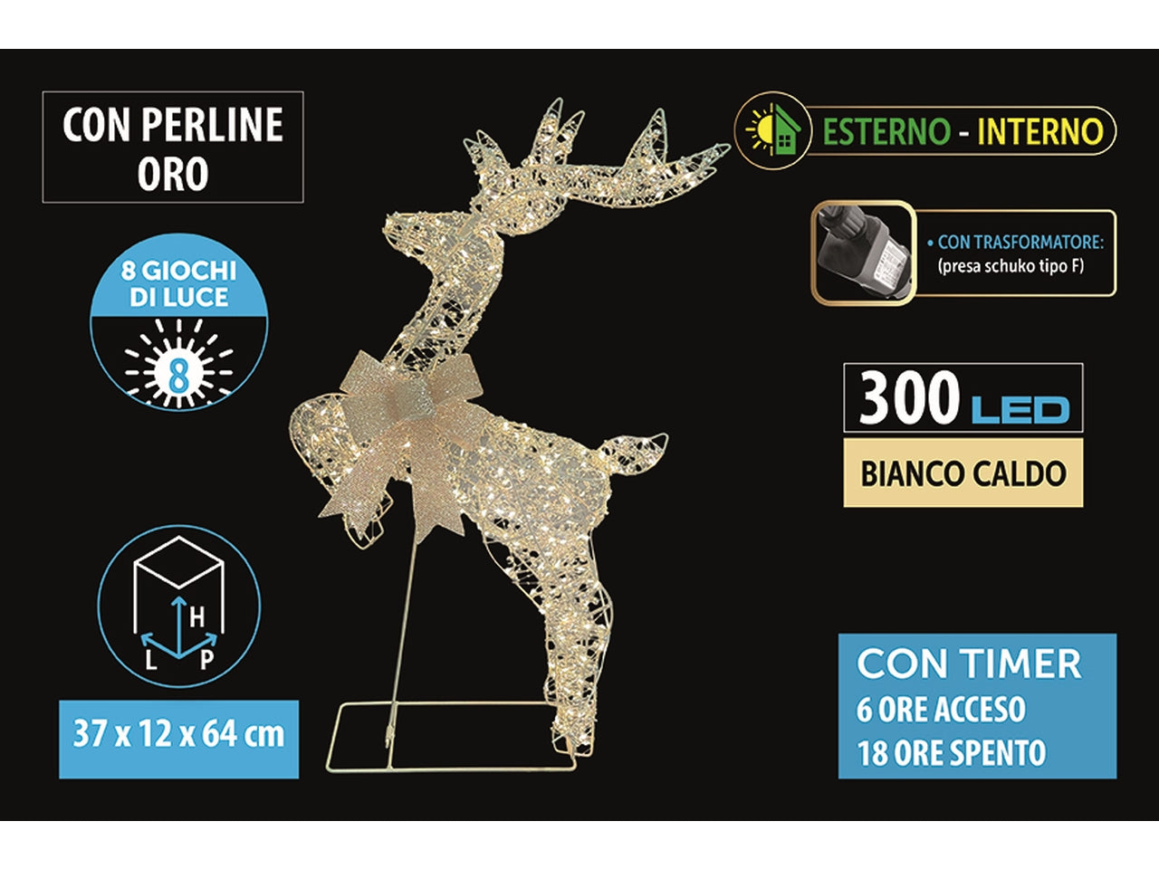 Renna luminosa in metallo 64cm con perline, 300 led bianco caldo con 8giochi di luce per uso interno ed esterno