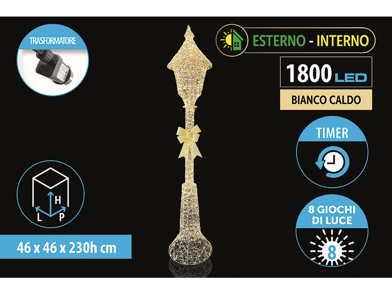 Lampione in metallo maxi 230cm oro, 1800 led bianco caldo e 8 giochi di luce per uso interno ed esterno