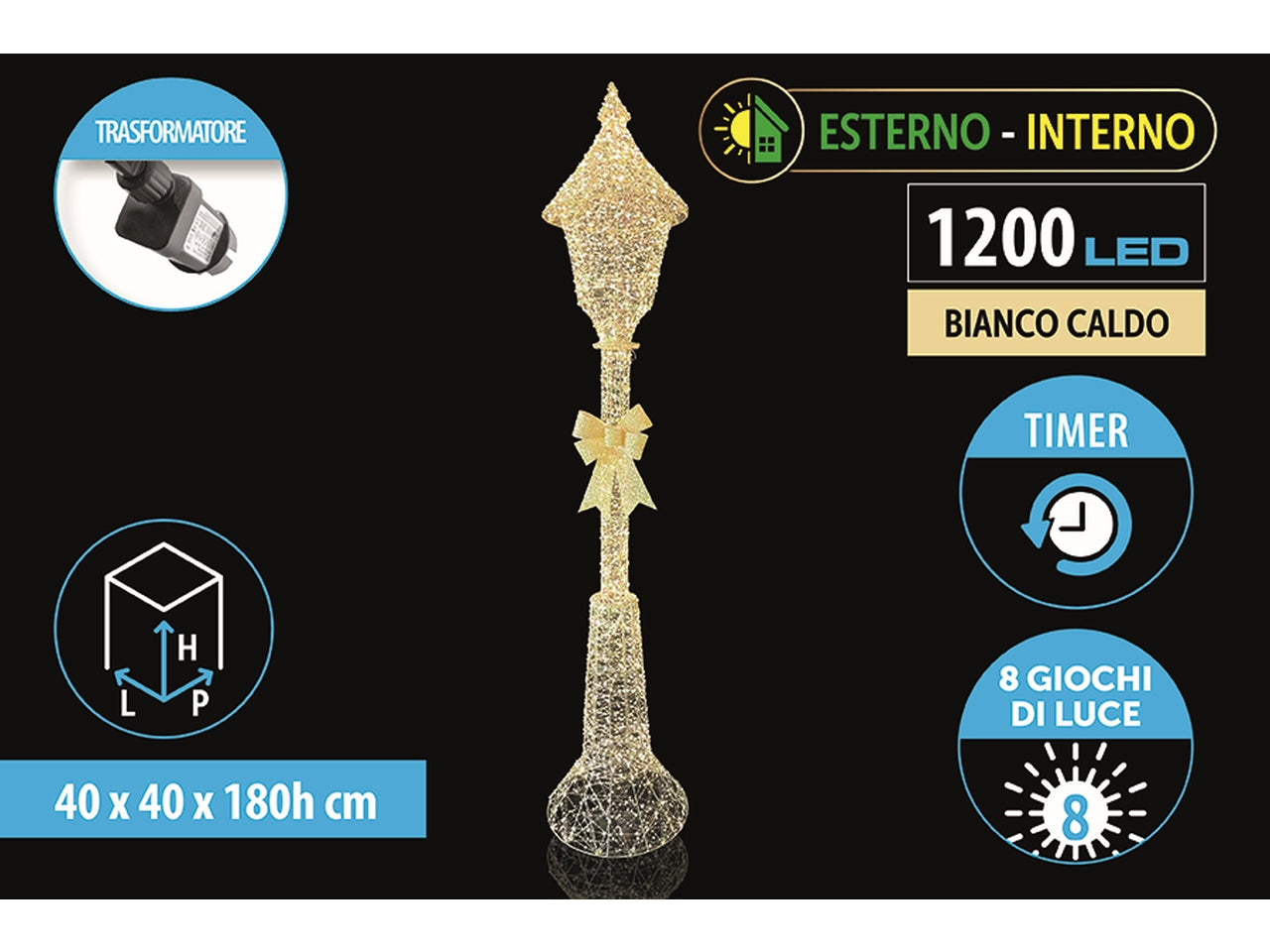 Lampione in metallo maxi 180cm oro, 1200 led bianco caldo e 8 giochi di luce per uso interno ed esterno
