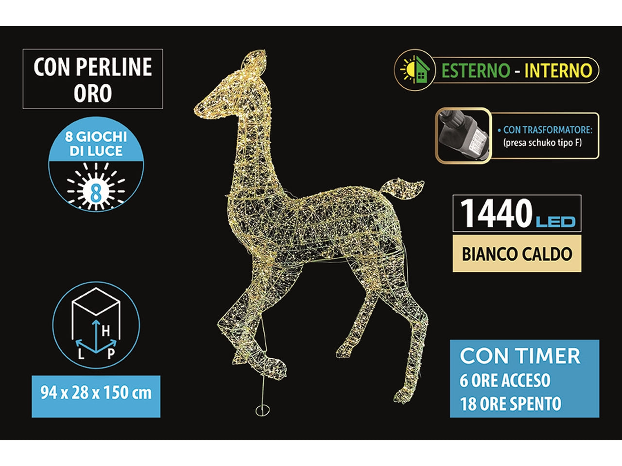 Renna luminosa in metallo maxi 150cm con perline, 1440 led bianco caldo con 8giochi di luce per uso interno ed esterno