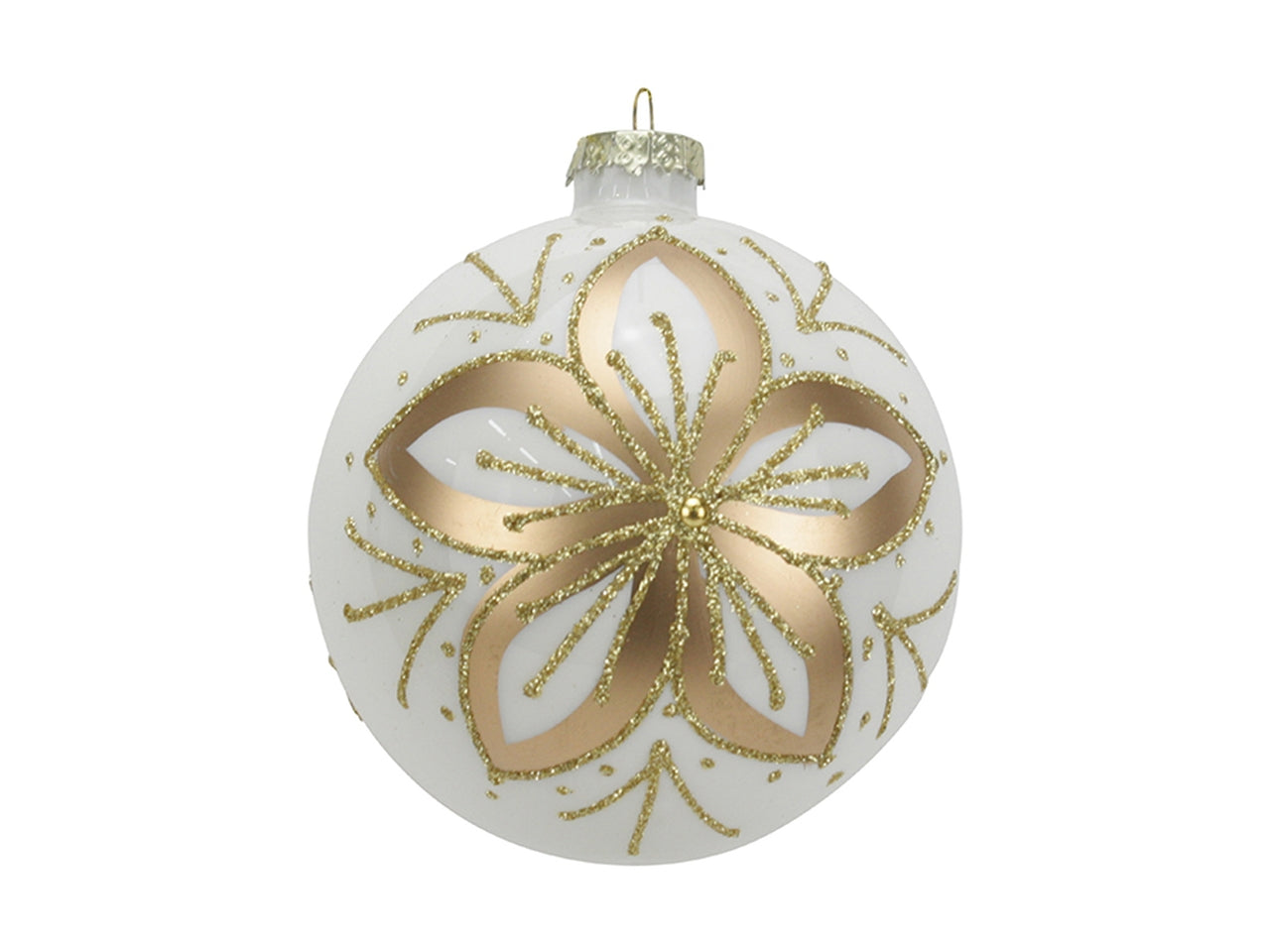 Palla in vetro 10cm bianco con fiore oro