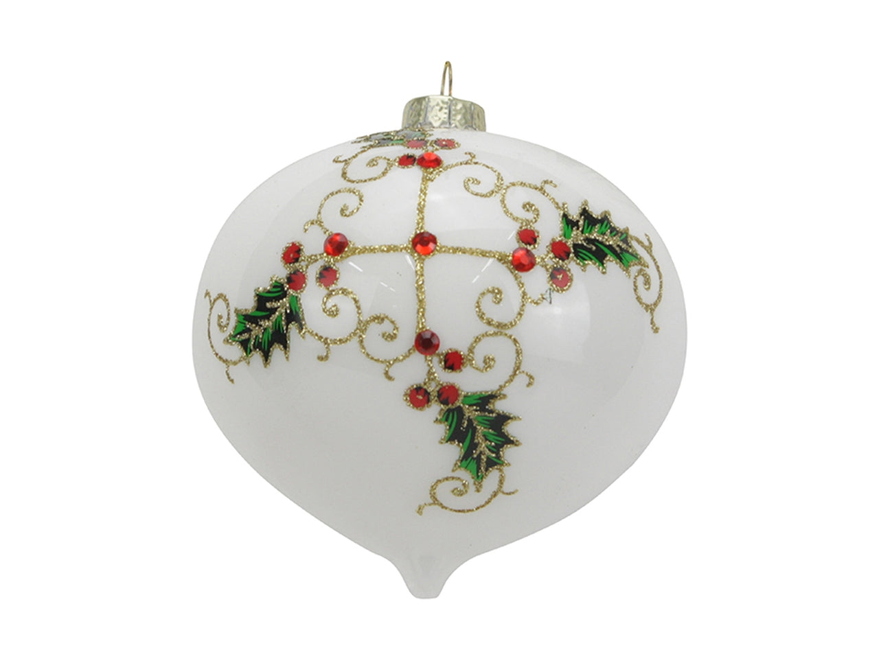 Palla cipolla in vetro 10cm bianco con agrifoglio