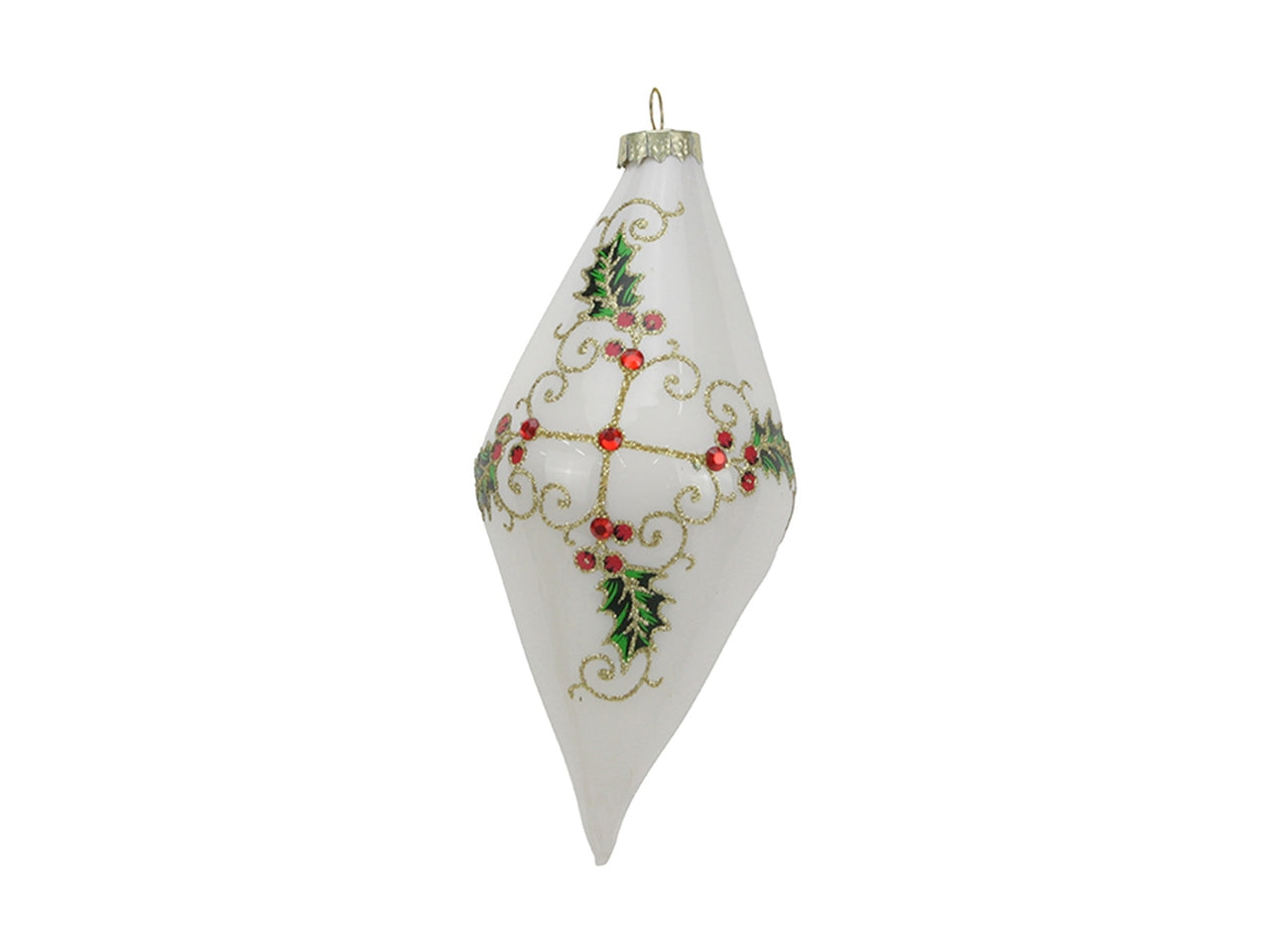 Palla a goccia in vetro 7x14cm bianco con agrifoglio