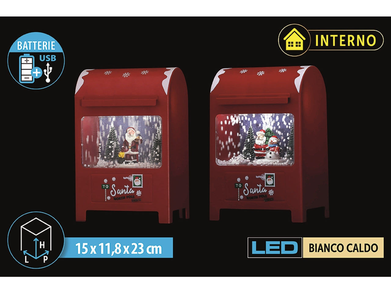 Cassetta postale 23cm con led, musica e neve, in 2 assortimenti