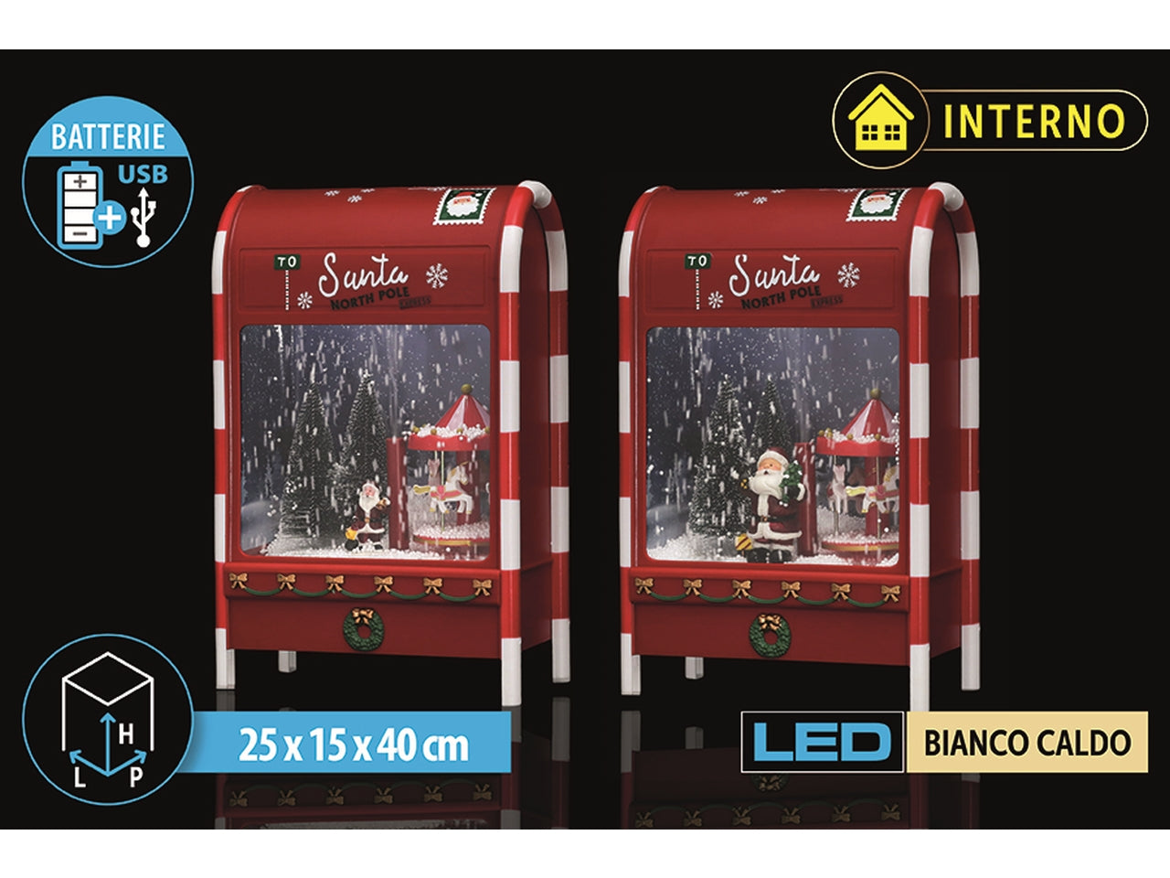 Cassetta postale 40cm con led, musica e neve, in 2 assortimenti