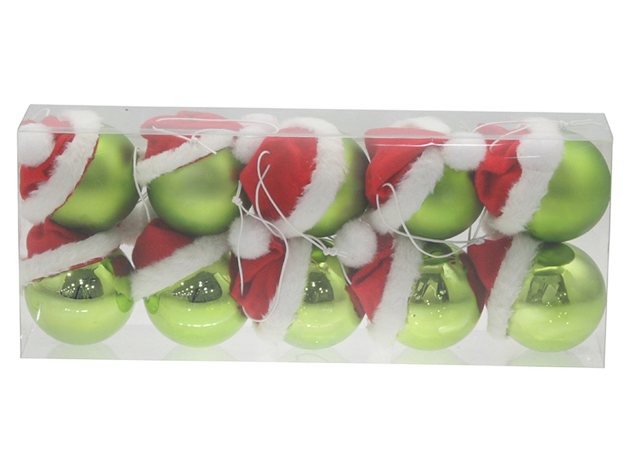Palla 6cm verde lucida e opaca con cappello rosso in confezione da 10 pezzi