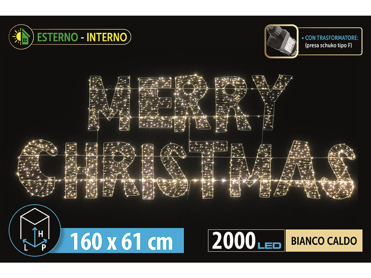 Scritta Merry Christmas maxi 160cm con 2000 led bianco caldo per uso interno ed esterno
