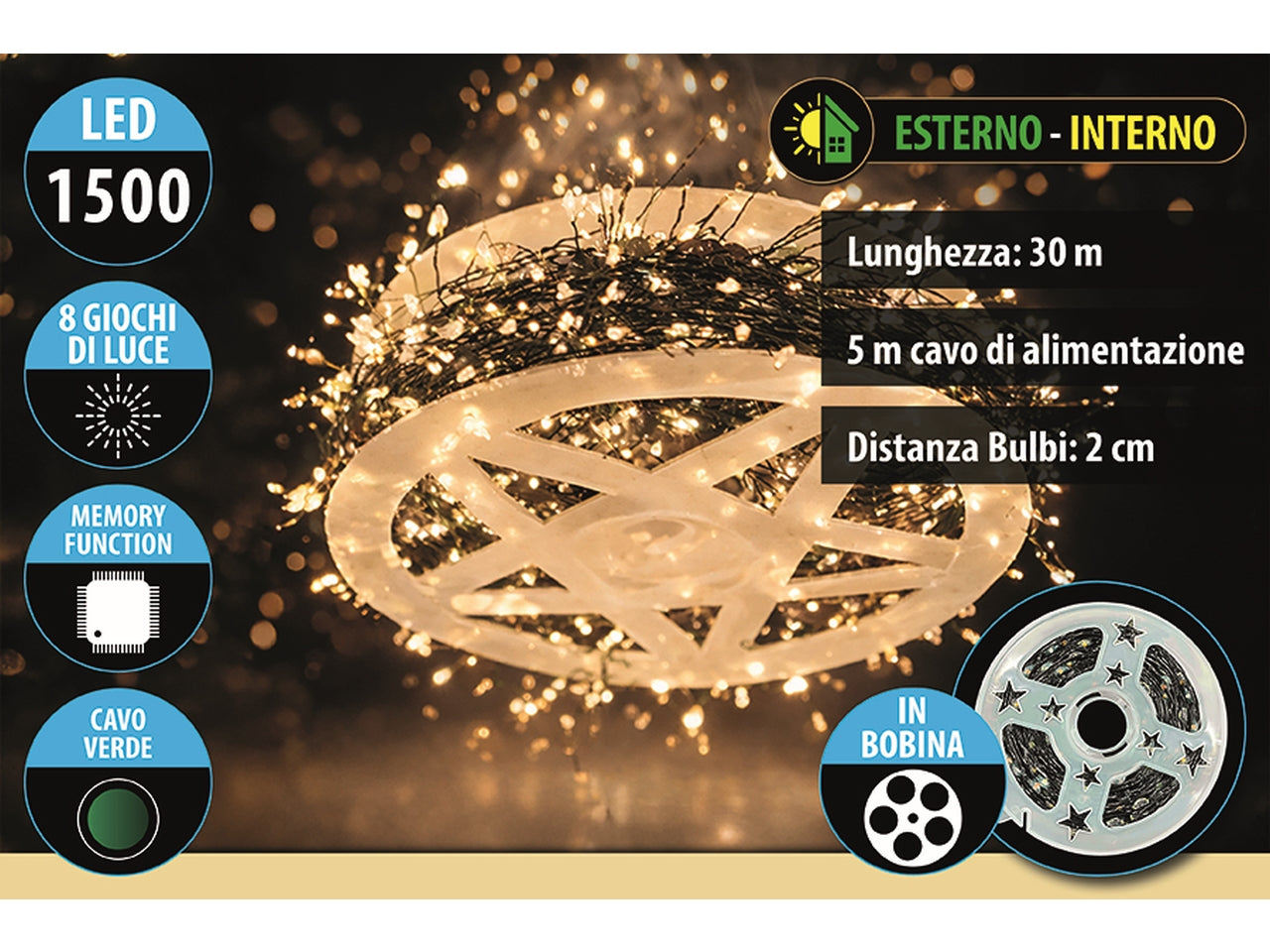 Luci a grappolo 1500 microled bianco caldo con 8 giochi di luce, cavo verde da 30+5mt per uso interno e esterno