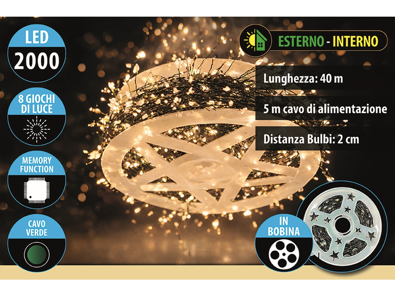 Luci a grappolo 2000 microled bianco caldo con 8 giochi di luce, cavo verde da 40+5mt per uso interno e esterno