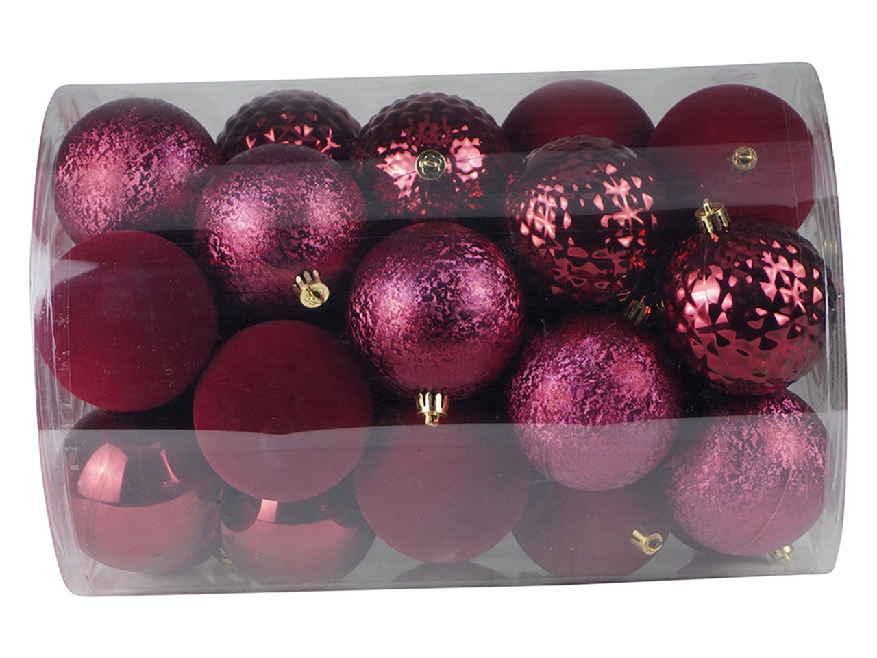 Set da 34 palle 8cm in mix di bordeaux, con finiture opache,lucide e glitterate