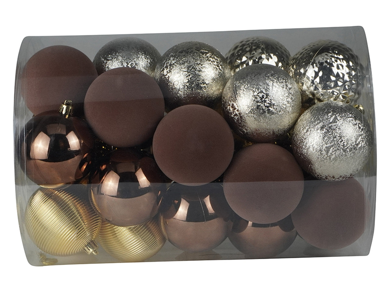 Set da 34 palle 8cm in toni caldi di marrone, bronzo, oro e argento, con finiture opache,lucide e glitterate