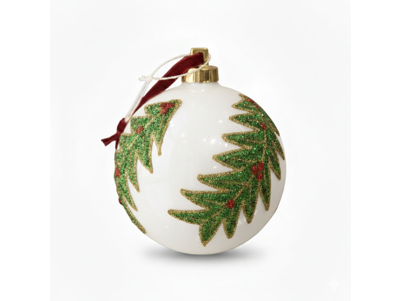 Palline di natale 10cm con agrifoglio bianche, set da 3 pezzi