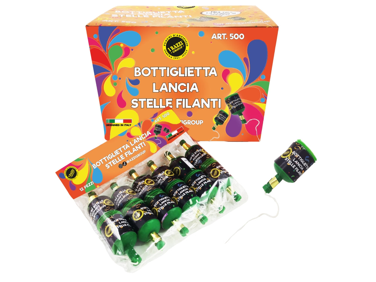 Bottiglietta lancia stelle filanti, box da 12 buste con 12 bottigliette