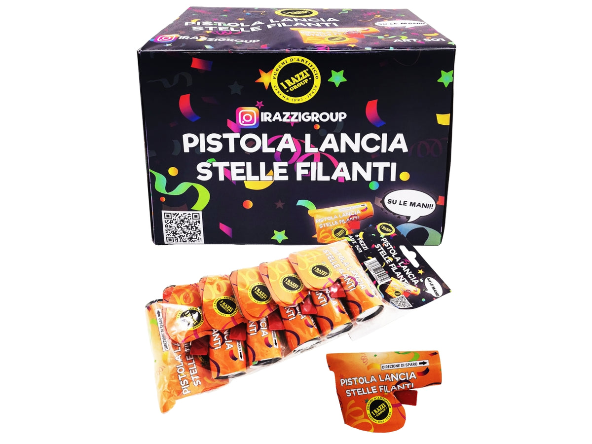 Pistola lancia stelle filanti, box da 12 buste con 6 pistole lancia stelle filanti
