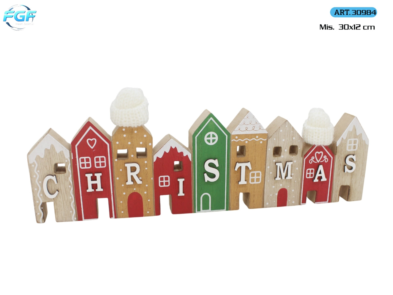 Scritta Christmas con casette in legno 30x12cm