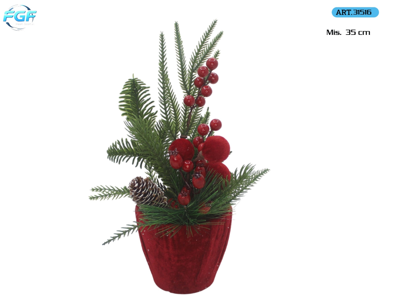 Piantina natalizia 35cm con bacche e palle rosse