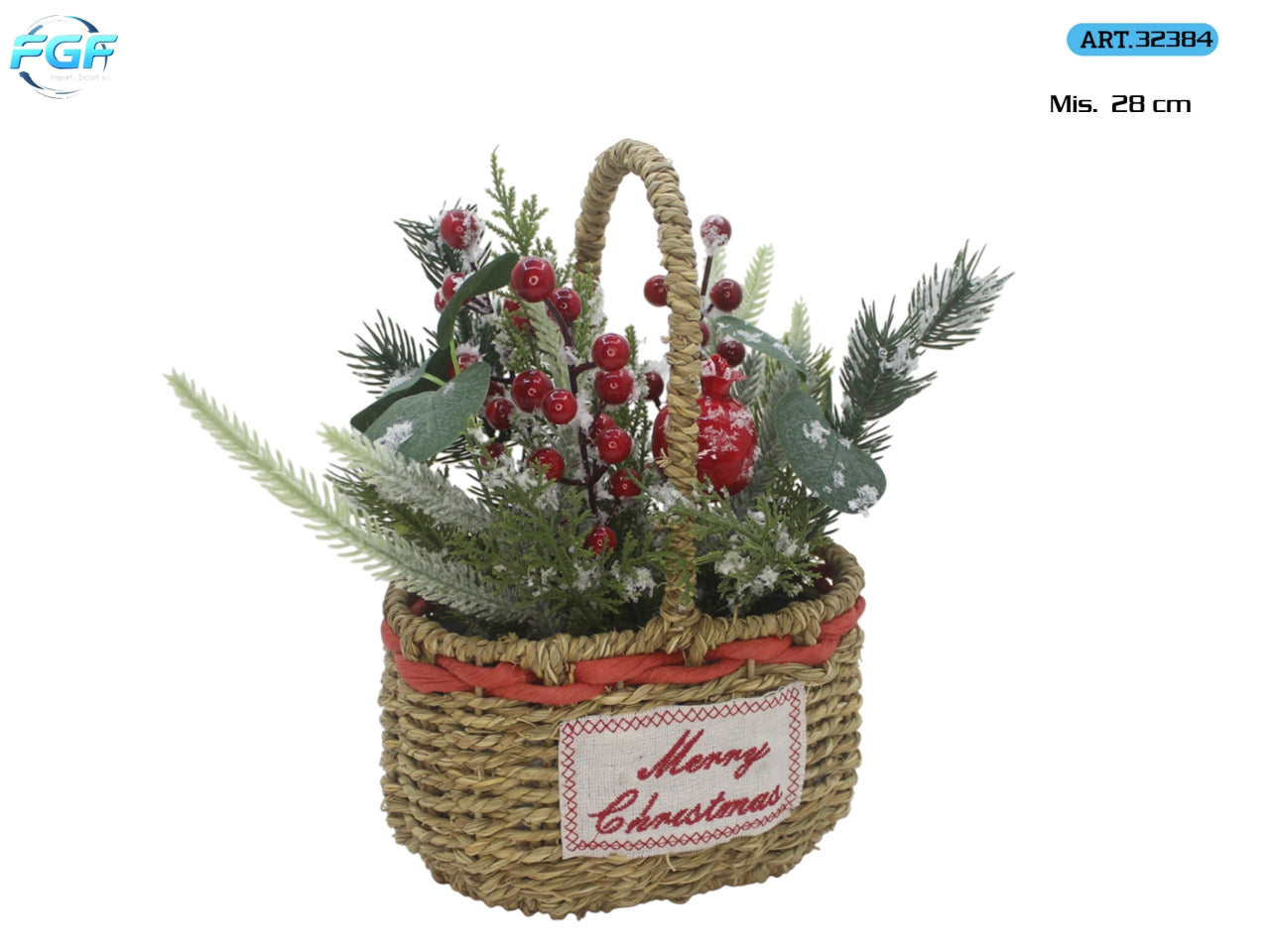 Cesto in rattan 28cm con fiori e addobbi natalizi
