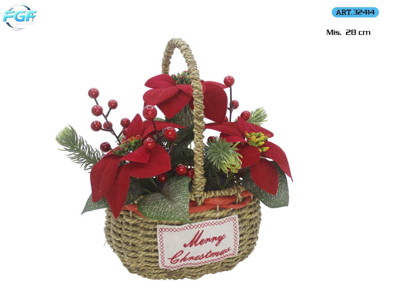 Cesto in rattan 28cm con fiori e addobbi natalizi