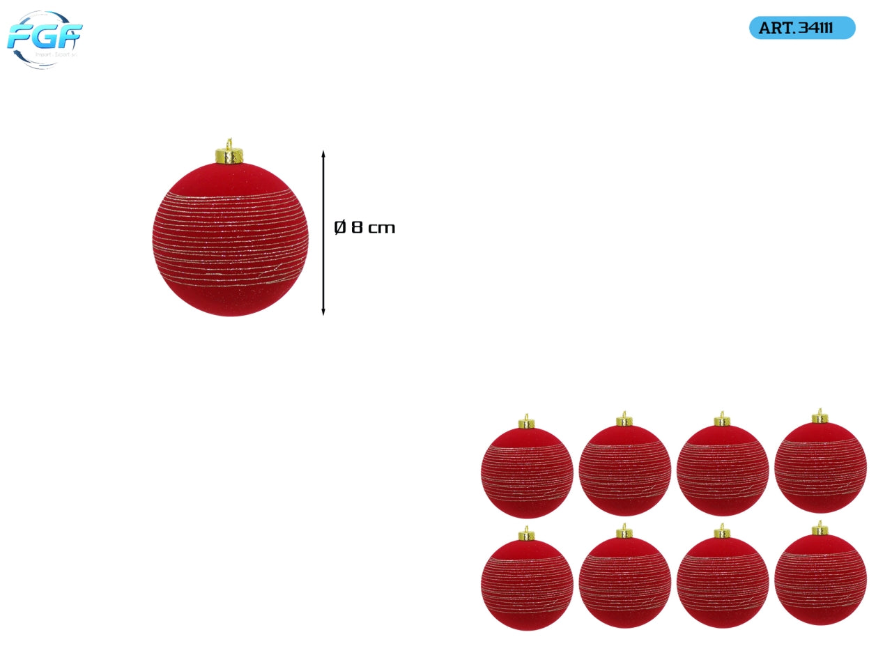 Palle 8cm in confezione da 8 pezzi, decorata in velluto rosso