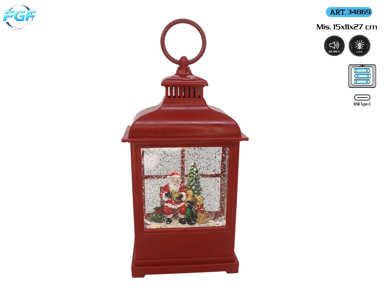 Lanterna 15x11xh.27cm in plastica con acqua, led e musica, colore rosso
