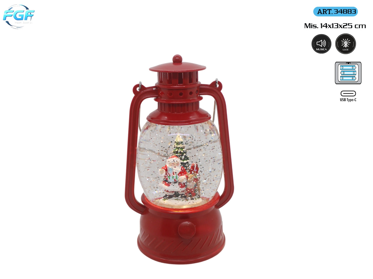 Lanterna 14x13xh.25cm in plastica con acqua, led e musica, colore rosso