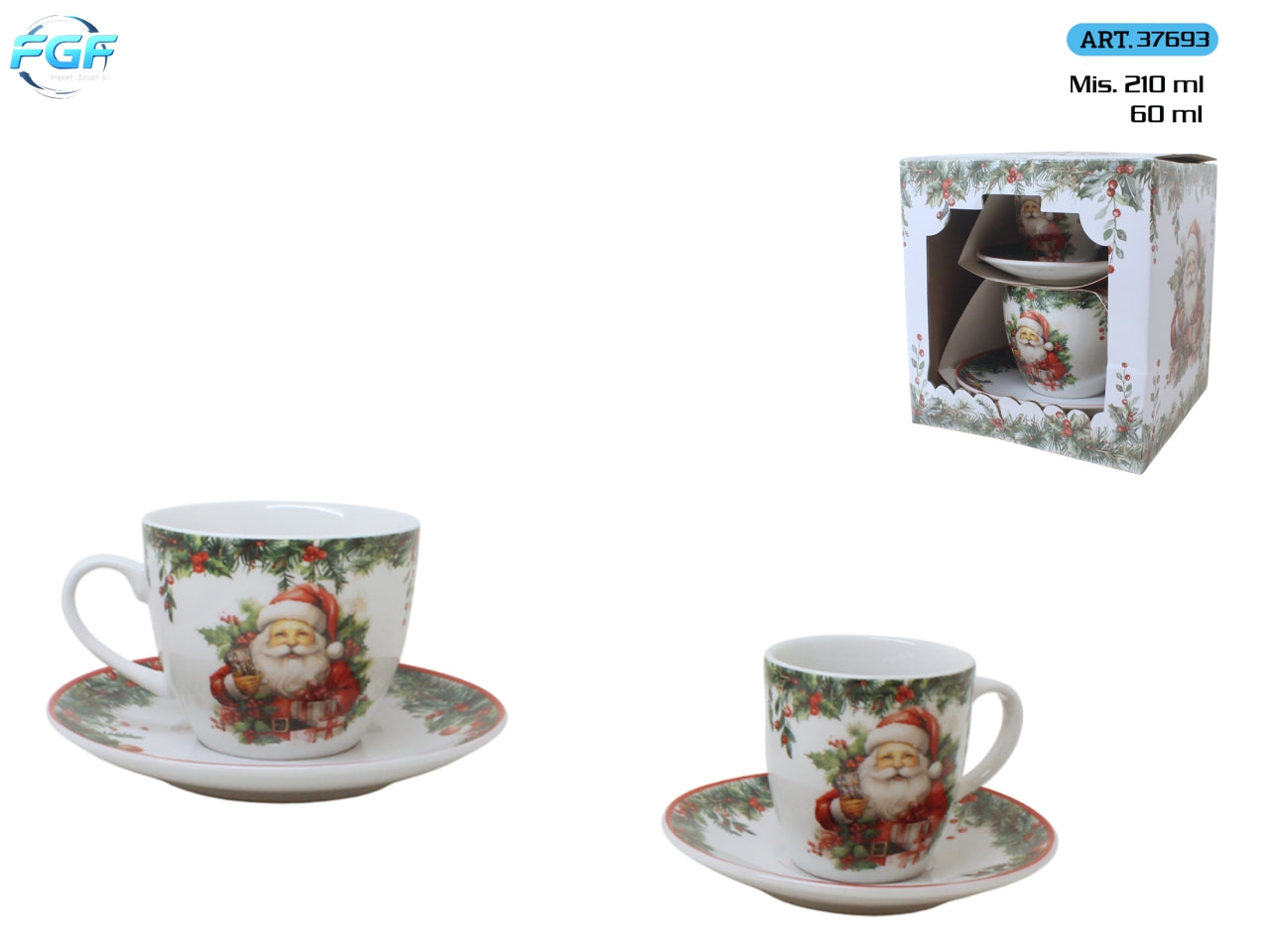 Tazza 210ml e tazzina 60ml con piattini decoro Babbo Natale