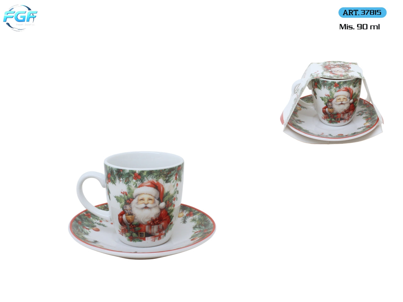 Tazzina con piattino in porcellana, decoro Babbo Natale, 90ml
