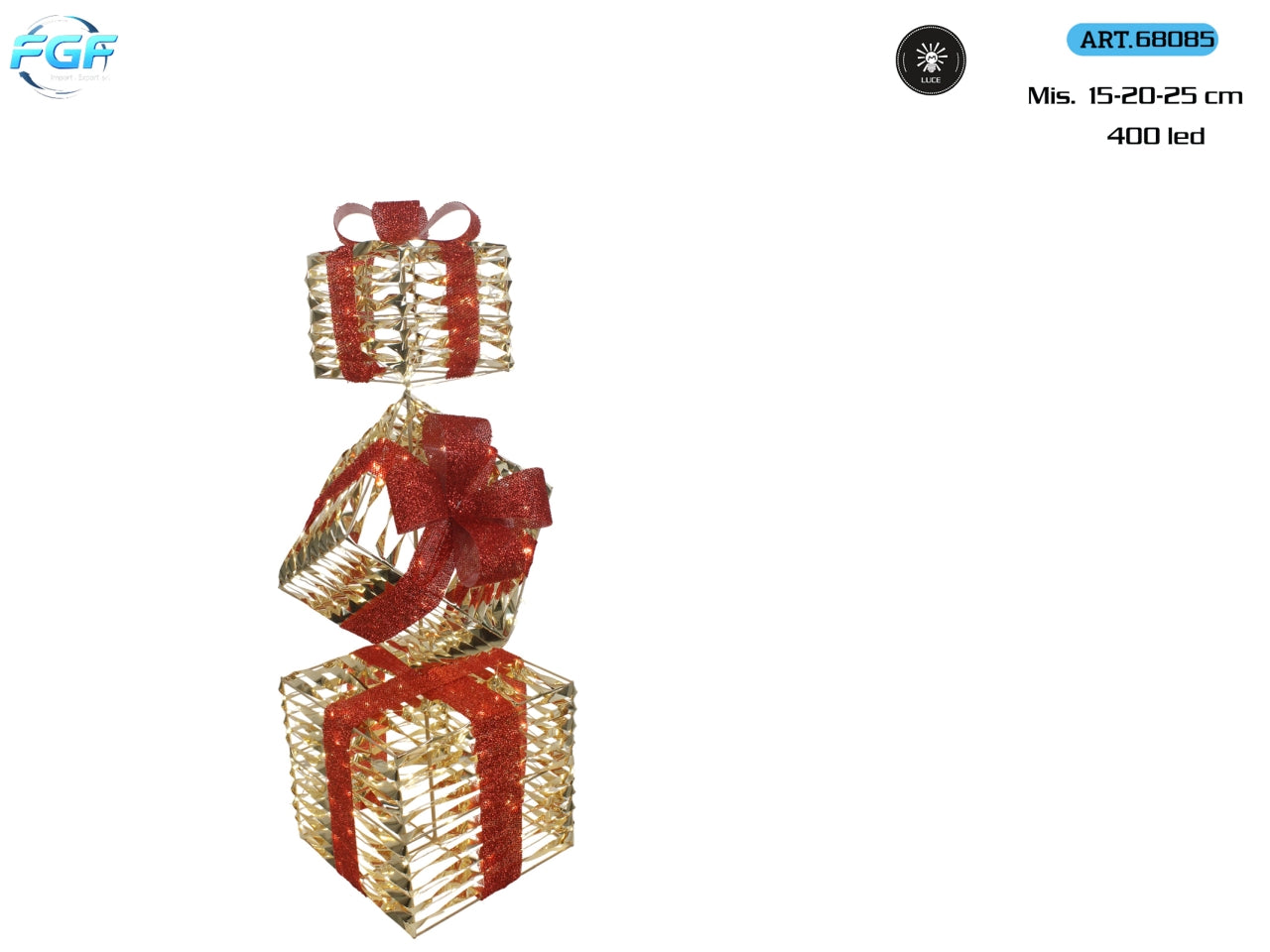 Pacchi regalo quadrati 15, 20 e 25cm con 400 led, colore oro e rosso