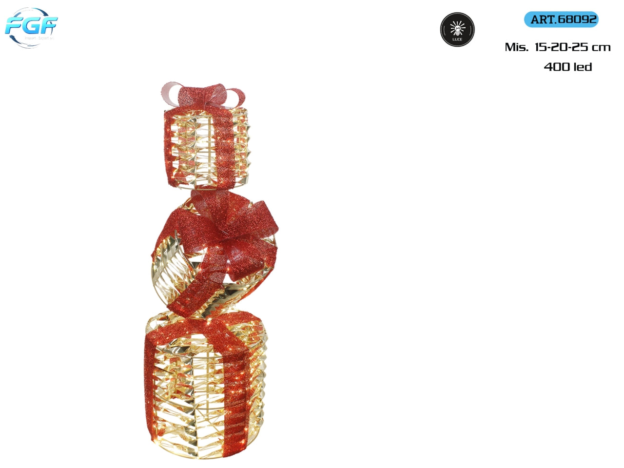 Pacchi regalo tondi 15, 20 e 25cm con 400 led, colore oro e rosso