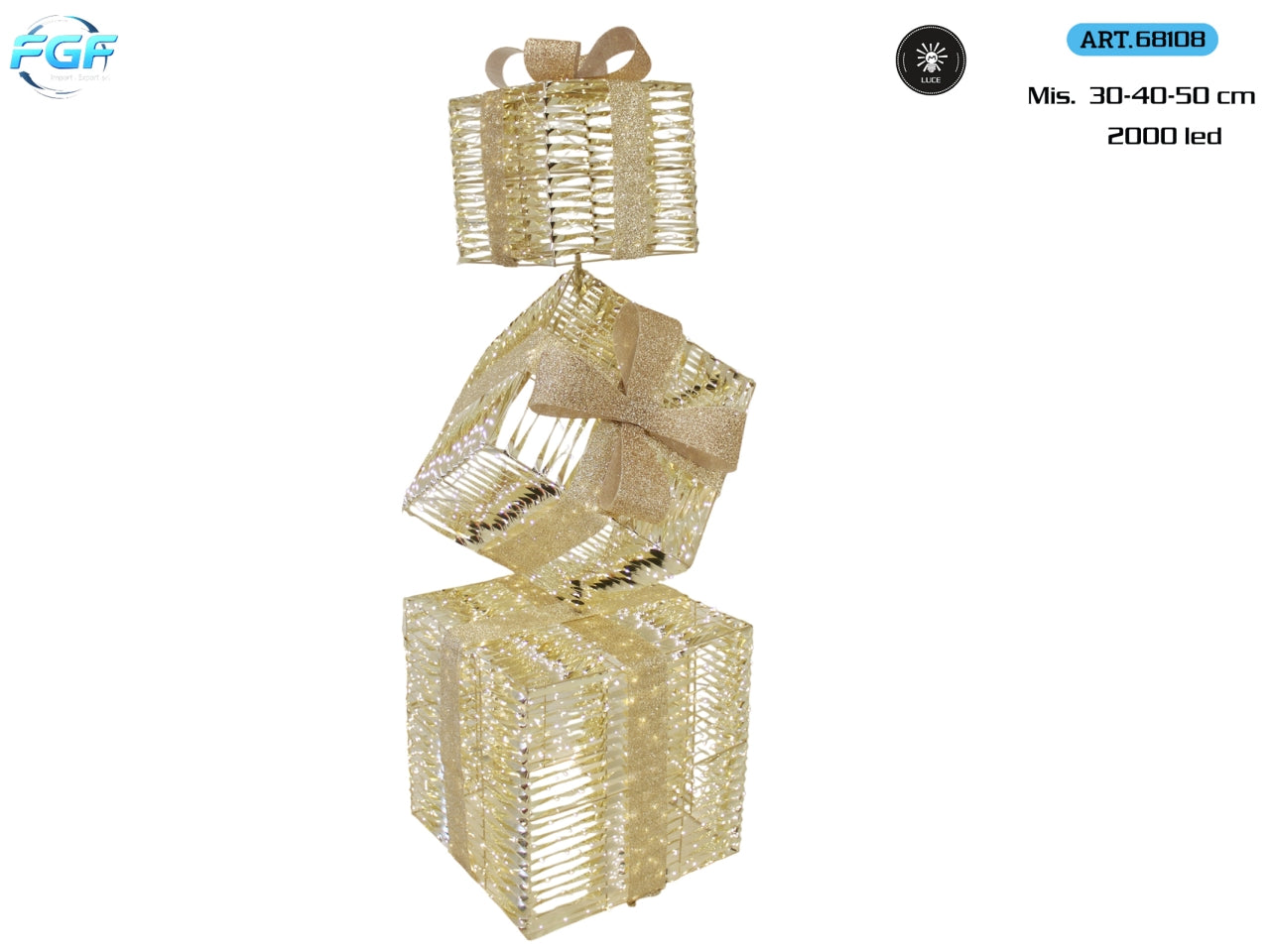 Pacchi regalo quadrati 30, 40 e 50cm con led, colore oro