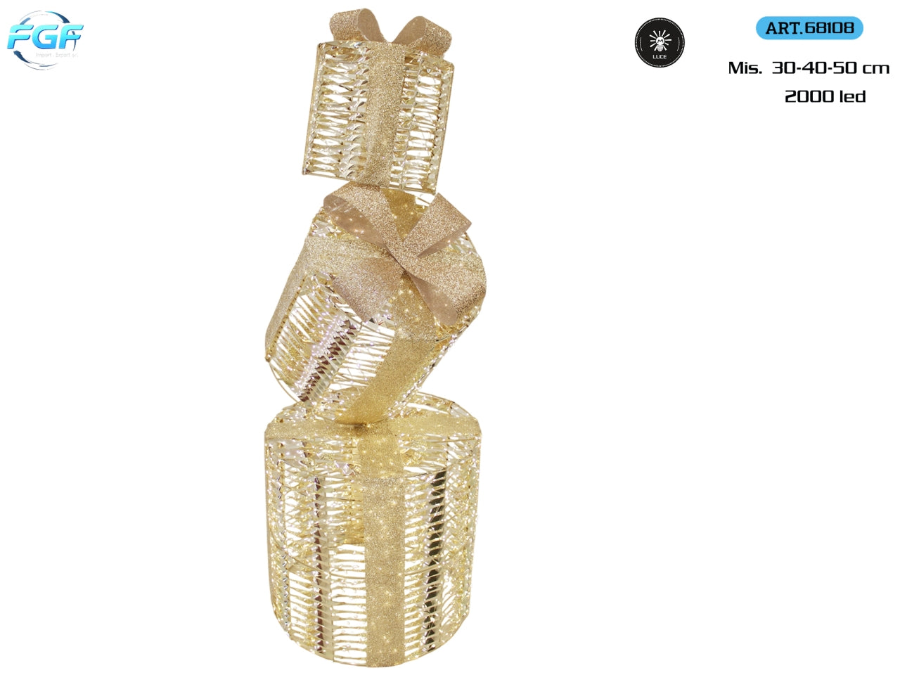 Pacchi regalo tondi 30, 40 e 50cm con led, colore oro