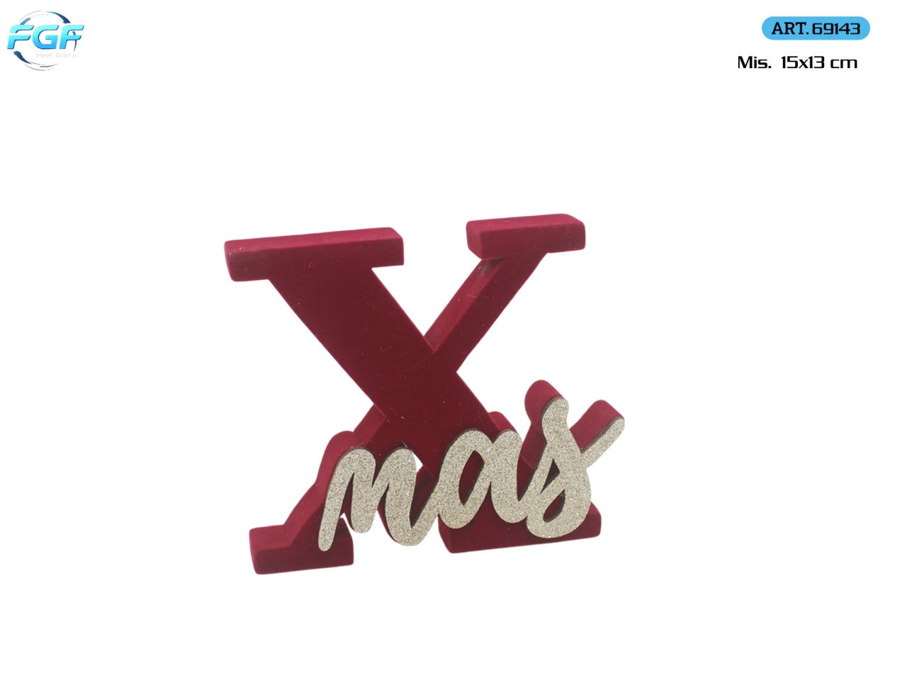 Scritta Xmas 15x13cm in legno e velluto rosso