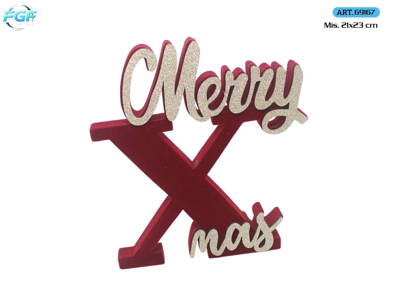 Scritta Merry Xmas 21x23cm in legno e velluto rosso