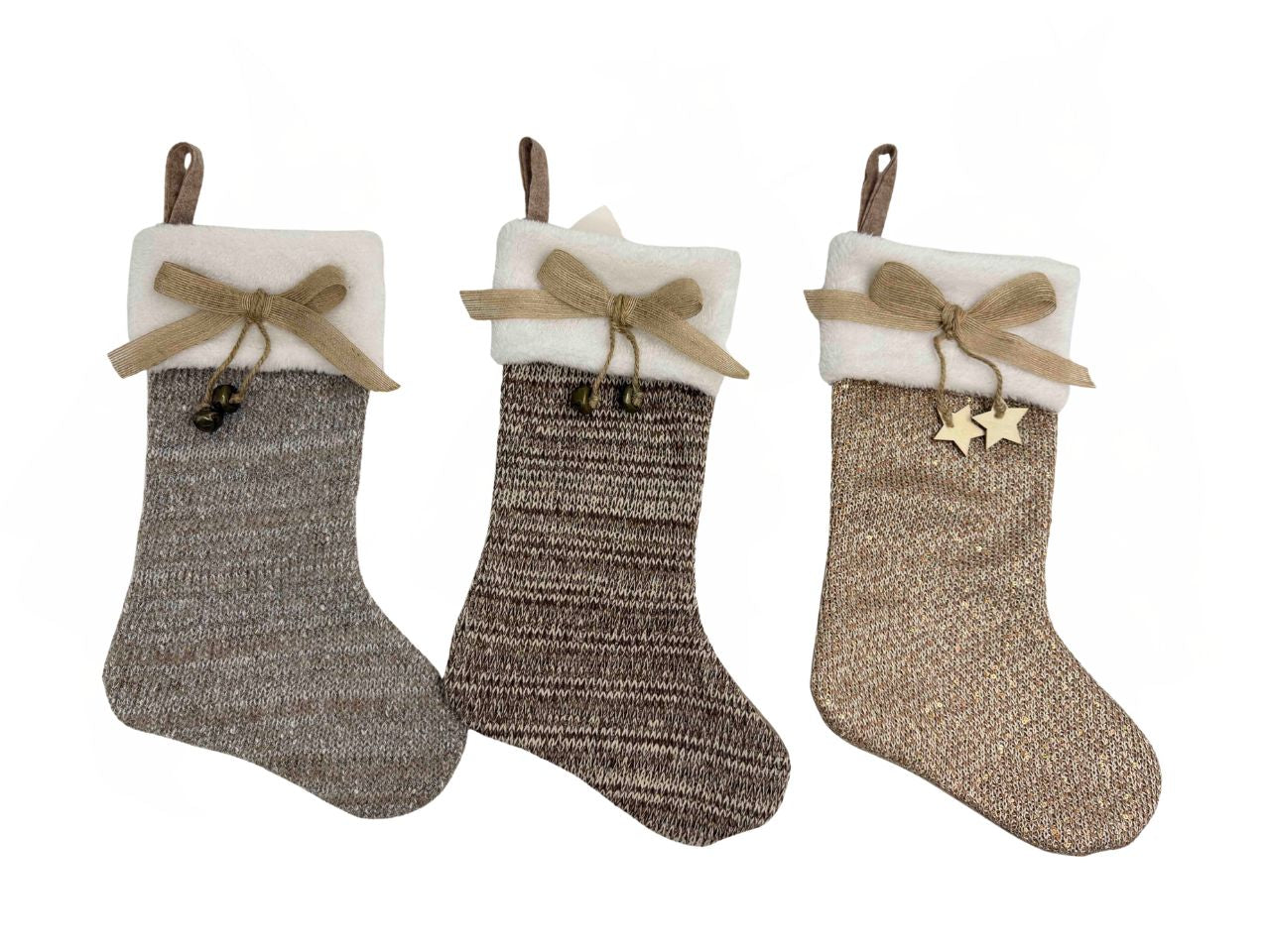 Calza Sofia 40cm in lano con feltro, campanelli e stelle in legno, colori assortiti