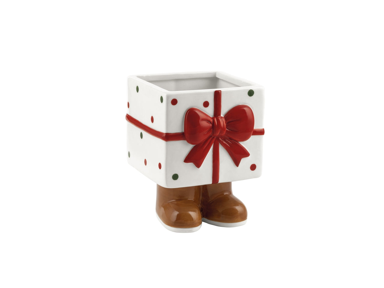 Vaso in ceramica a forma di pacco regalo con fiocco e piedini, bianco, 9,2x9,8xh.12cm, interno 7,8xh.7,3cm