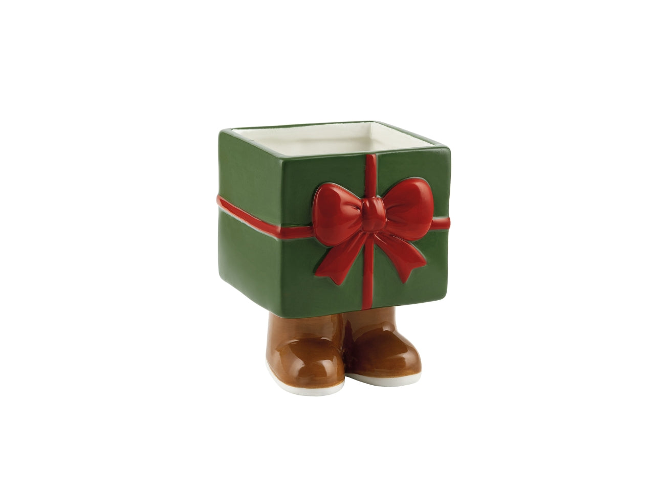 Vaso in ceramica a forma di pacco regalo con fiocco e piedini, verde, 9,2x9,8xh.12cm, interno 7,8xh.7,3cm