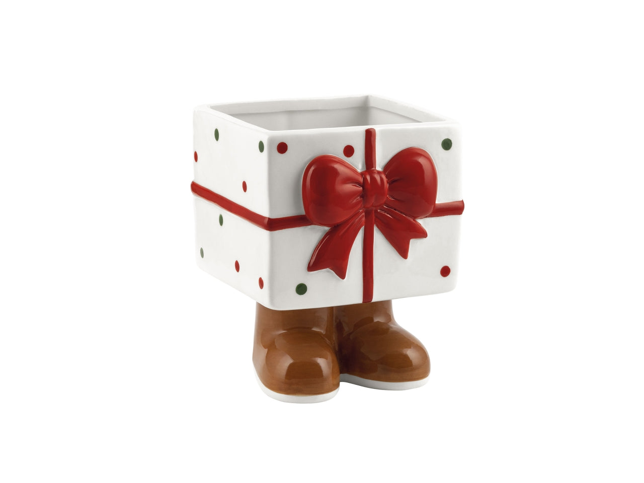 Vaso in ceramica a forma di pacco regalo con fiocco e piedini, bianco, 10,5x11,2xh.13,5cm, interno 9,2xh.8,2cm