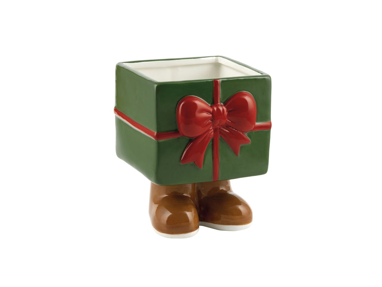 Vaso in ceramica a forma di pacco regalo con fiocco e piedini, verde, 10,5x11,2xh.13,5cm, interno 9,2xh.8,2cm