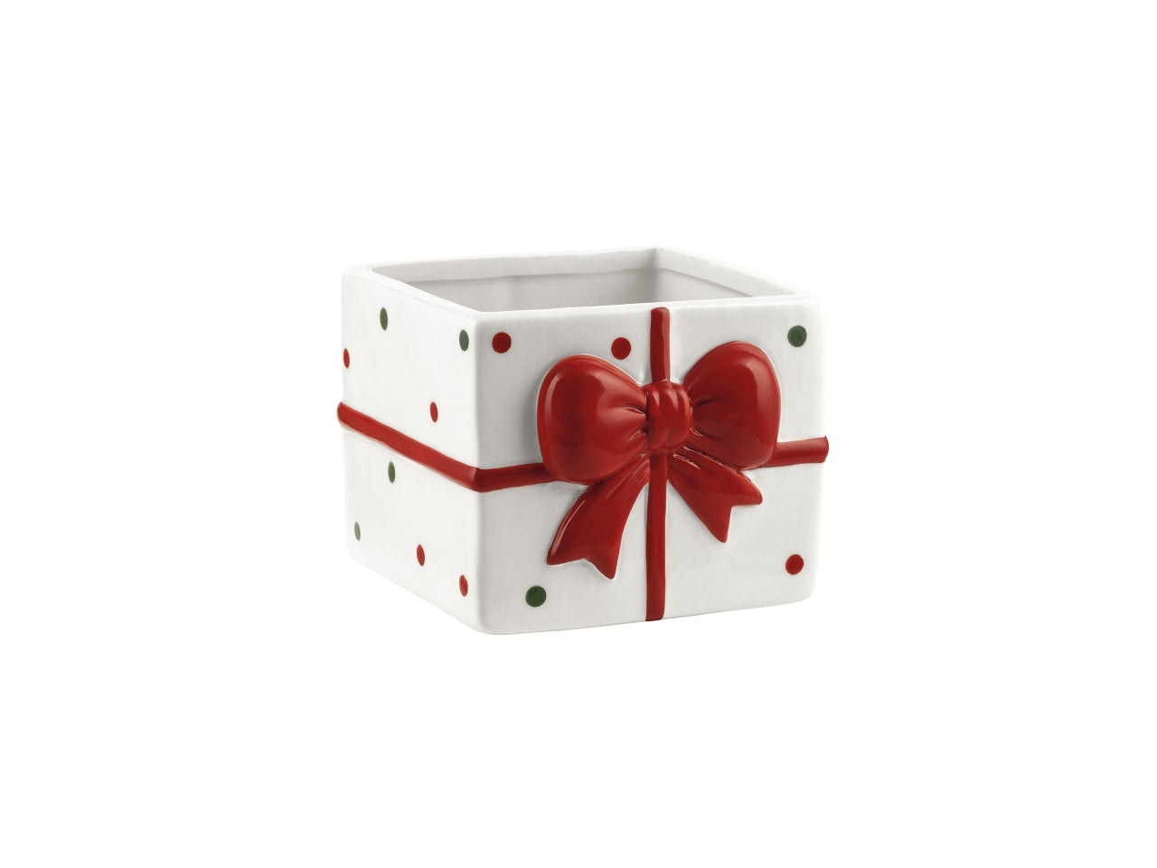 Vaso in ceramica a forma di pacco regalo natalizio con fiocco, bianco, 17x15,5xh.15,5cm, interno 14xh.14cm