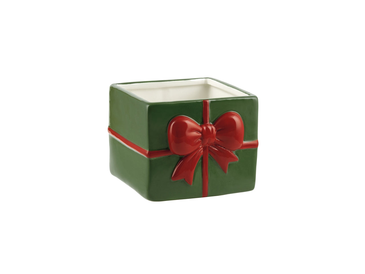 Vaso in ceramica a forma di pacco regalo natalizio con fiocco, verde, 17x15,5xh.15,5cm, interno 14xh.14cm