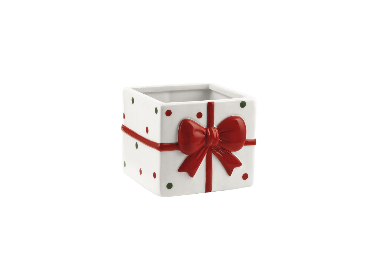Vaso in ceramica a forma di pacco regalo natalizio con fiocco, bianco, 14x13,5xh.13,5cm, interno 12xh.12 cm