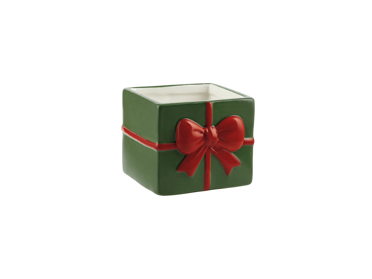 Vaso in ceramica a forma di pacco regalo natalizio con fiocco, verde, 14x13,5xh.13,5cm, interno 12xh.12 cm