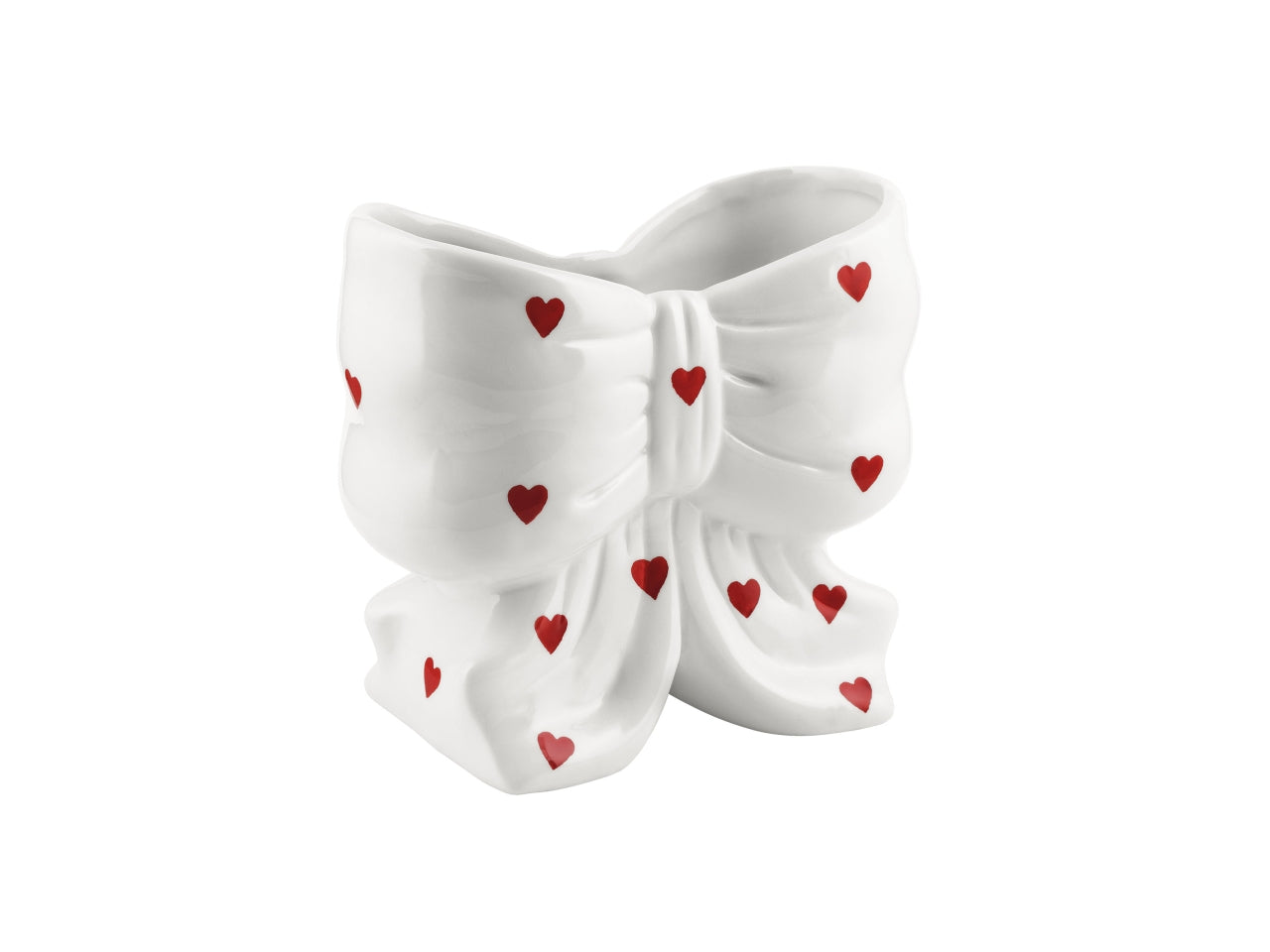 Vaso fiocco in ceramica con cuori, bianco, 9x17,5xh.16cm, interno 8x16xh.7cm