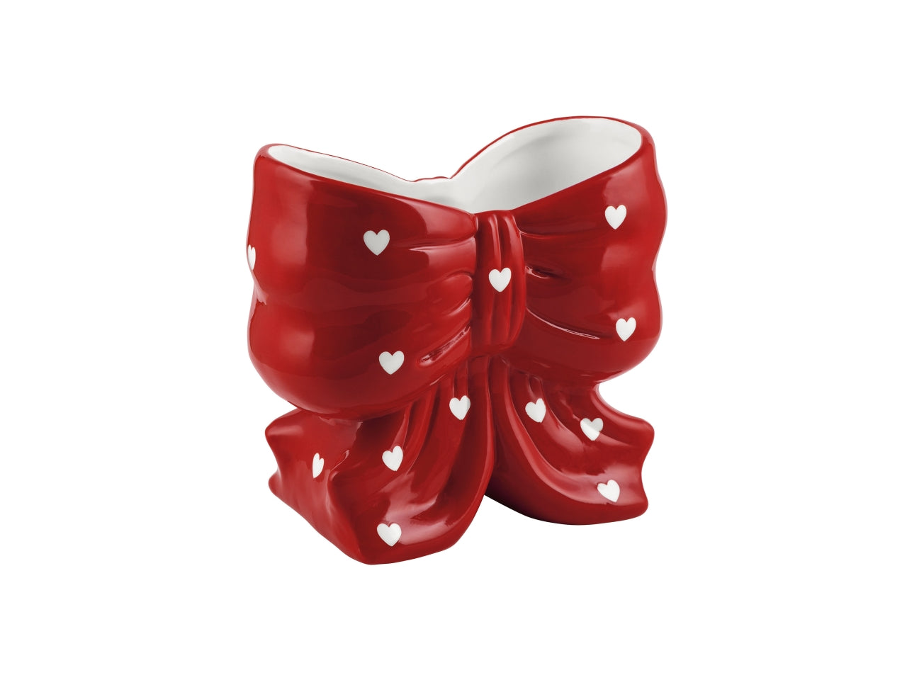 Vaso fiocco in ceramica con cuori, rosso, 9x17,5xh.16cm, interno 8x16xh.7cm