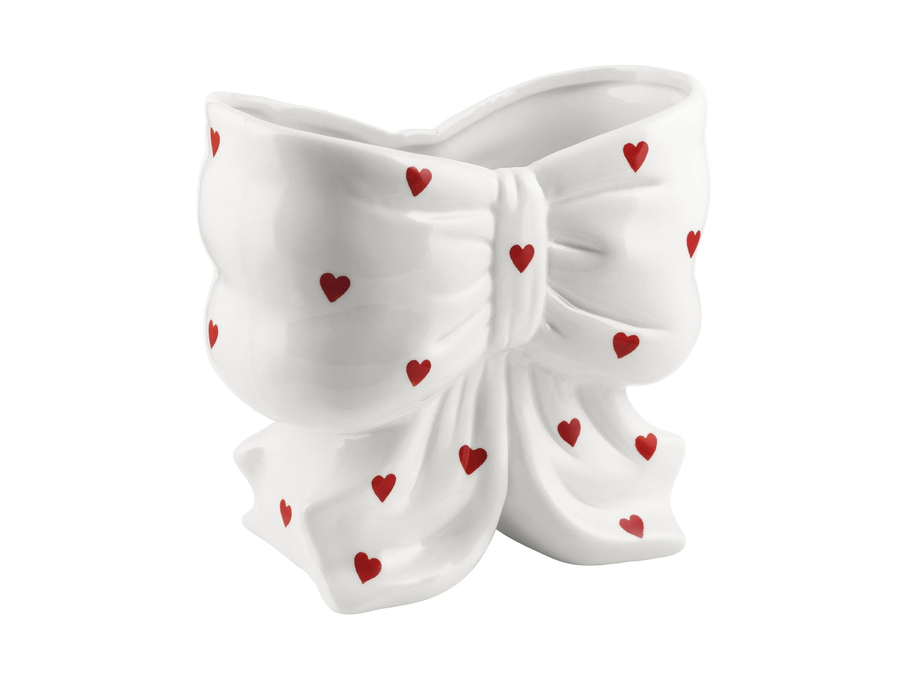 Vaso fiocco in ceramica con cuori, bianco, 11x21,5xh.20cm, interno 10x20xh.9cm