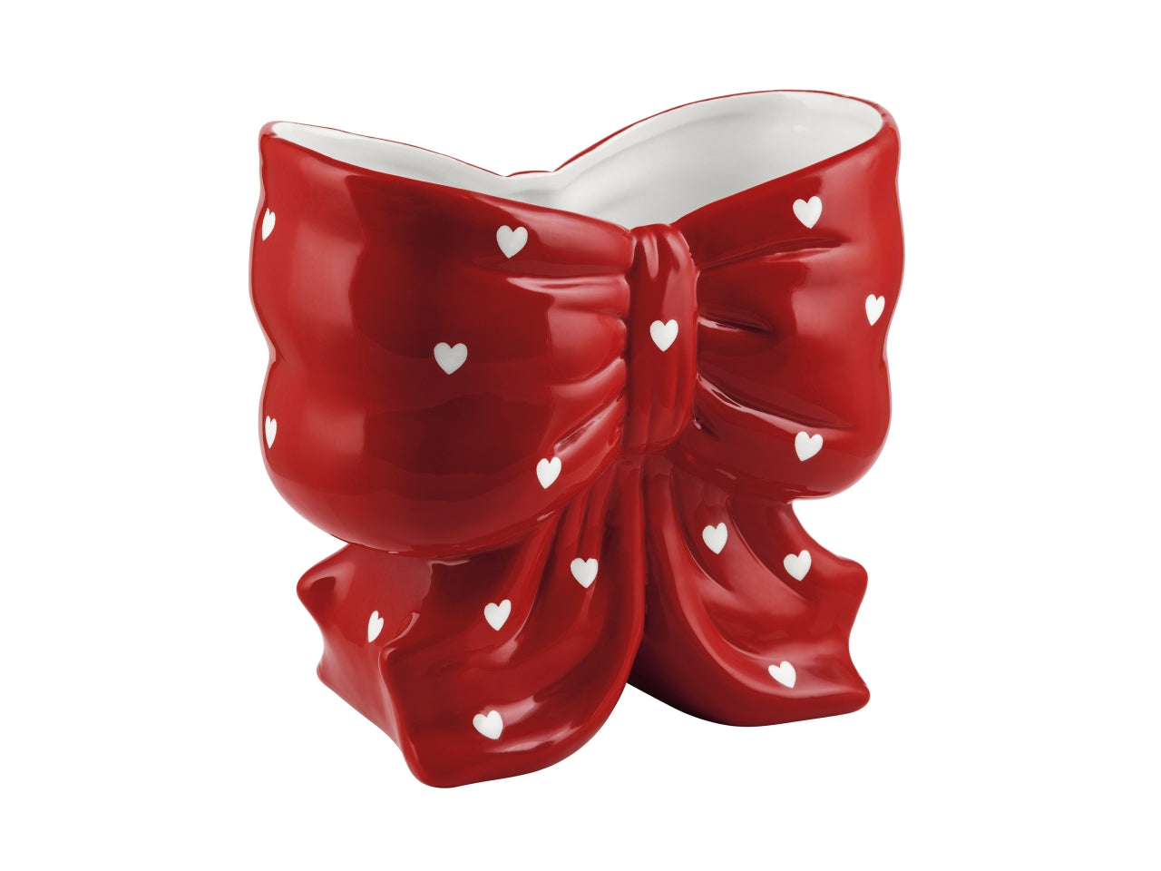 Vaso fiocco in ceramica con cuori, rosso, 11x21,5xh.20cm, interno 10x20xh.9cm