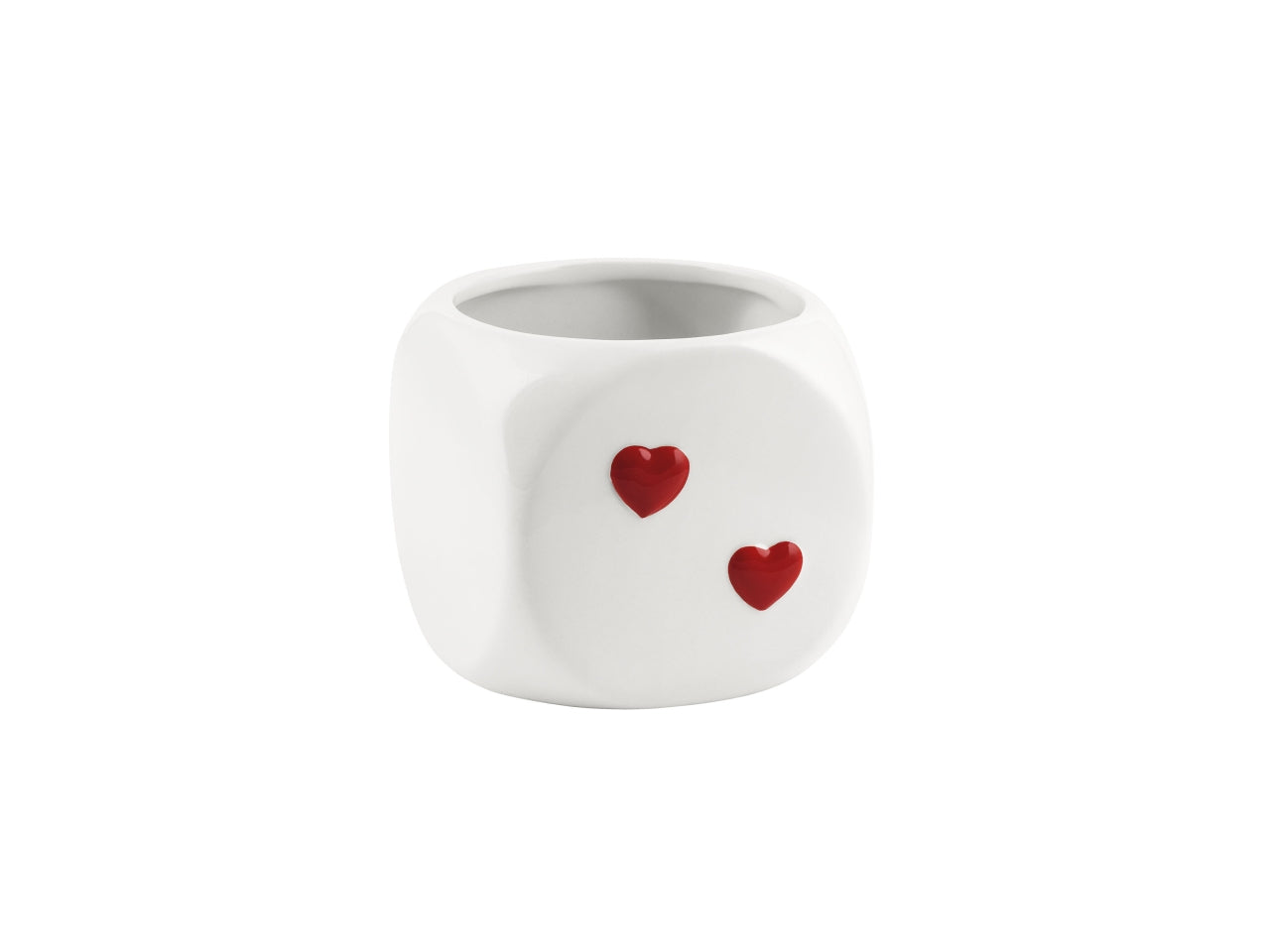 Vaso dado in ceramica con cuori, bianco, 11,5x11,5xh.11cm, interno 10xh.10cm