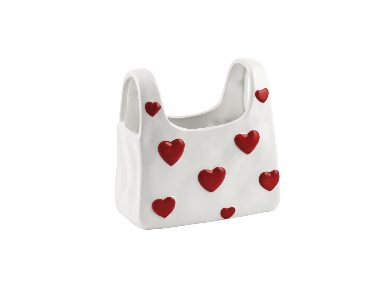 Vaso borsetta in ceramica con cuori, bianco, 6,5x14,5xh.15cm, interno 5x13xh.8,5cm