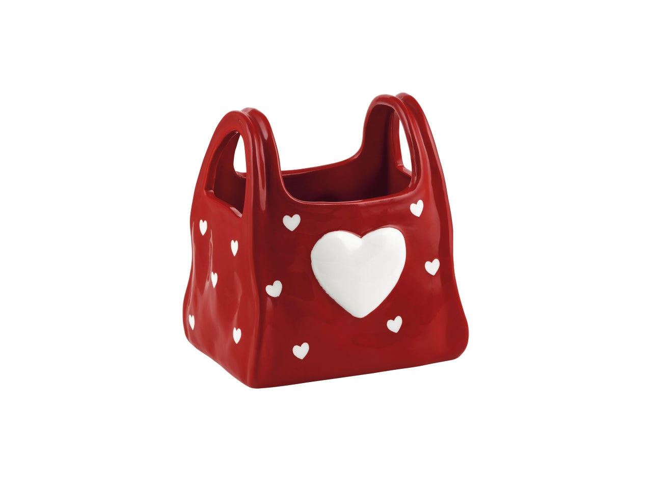 Vaso borsetta in ceramica con cuori, rosso, 10x13,5x15cm, interno 7,5x11,5xh.9cm