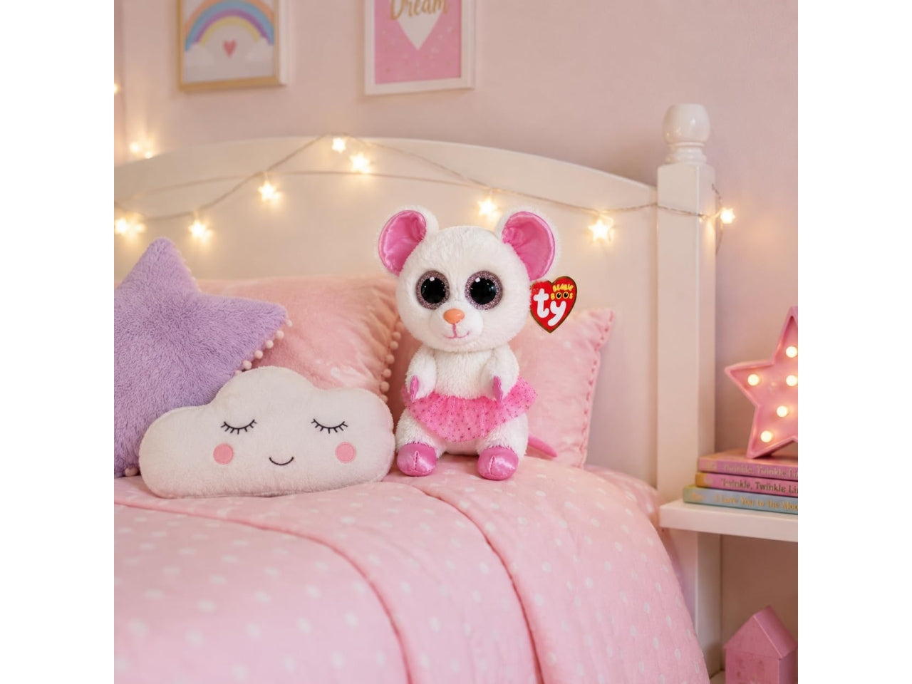 Peluche Ty Beanie Boos Nina Topolina Ballerina con occhioni zampine orecchie e tutÃ¹ rosa glitterati bianco 15 cm